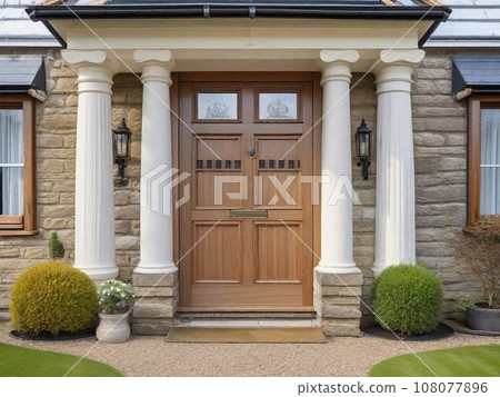 Inviting Charm: Wooden Front Door with Gabled Porch and Landing, Enhancing the Home's Entrance. Generative AI. 108077896