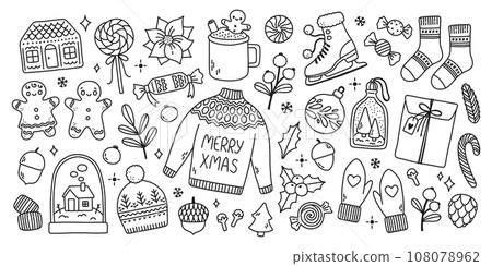 Doodle new year cute pen line elements set. Doodle sweater, hat, cookie, sparkle decoration symbol set icon. Doodle new year cute pen line elements set. Doodle sweater, hat, cookie, sparkle decoration symbol set icon. 108078962