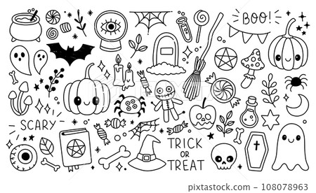 Halloween doodle elements set. Cute Halloween vector collection. Hand drawn illustration pumpkin, ghost, witch hat 108078963