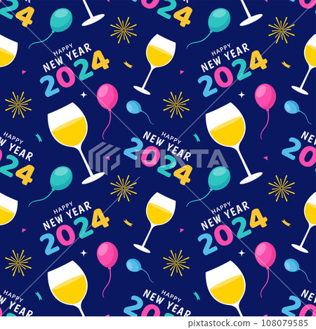 Happy New Year 2024 Seamless Pattern Illustration with Elements Decoration New Years Background 108079585