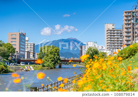 Kitakami River and Mt. Iwate seen from Kaiun Bridge, Kaiun Bridge flowerbed and promenade, the main entrance to Morioka 108079814