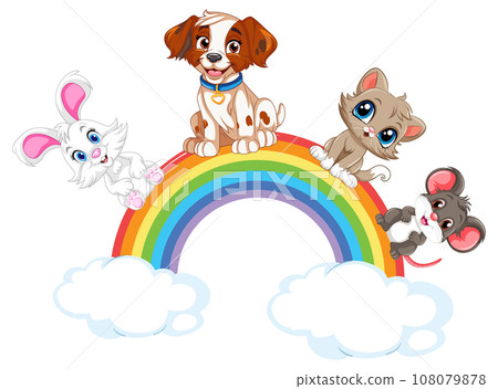 Cute Pet Rabbit, Dog, Cat, and Mouse on Rainbow Cute Pet Rabbit, Dog, Cat, and Mouse on Rainbow 108079878