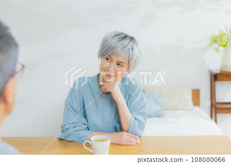 Gray-haired couple in the living room Gray-haired couple in the living room 108080066