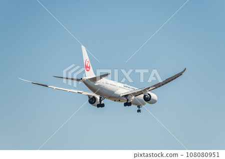 [Rear view of a JAL aircraft ready to land from the sky above Jonanjima Seaside Park] 108080951