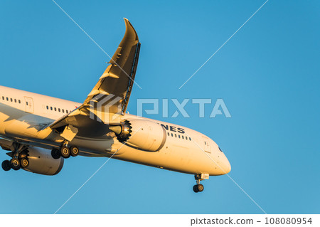 [JAL aircraft ready to land from the sky above Jonanjima Seaside Park at sunset] 108080954
