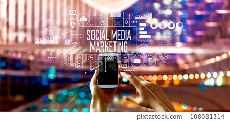 Social media marketing theme with big city at night Social media marketing theme with big city at night 108081314