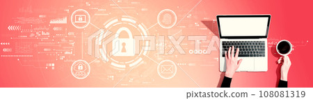 Internet network security concept with person using a laptop 108081319