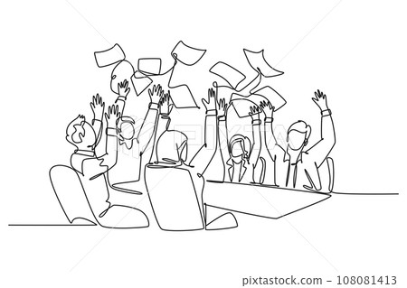 Single continuous line drawing of young male and female stockbroker celebrate their success win on the stock exchange. Stock exchange business concept. One line draw graphic design vector illustration 108081413