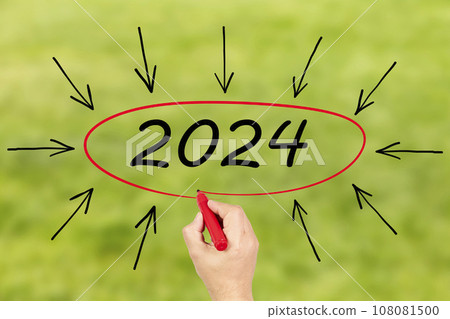 2024, Woman writing the number 2024 on green background. Happy New Year 108081500
