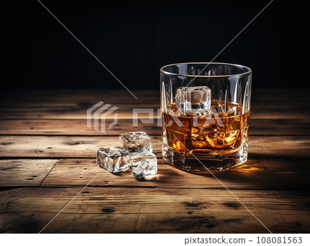 Whiskey and ice on the wooden table, an alcohol concept Whiskey and ice on the wooden table, an alcohol concept 108081563