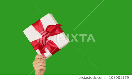 Holiday bonus. Festive box. Unrecognizable woman hand holding wrapped present event celebration isolated on green empty space background. 108081579
