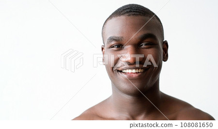 Man skin wellness. Facial health. Handsome satisfied shirtless guy with perfect radiant smooth face smiling isolated on white background empty space. Man skin wellness. Facial health. Handsome satisfied shirtless guy with perfect radiant smooth face smiling isolated on white background empty space. 108081650