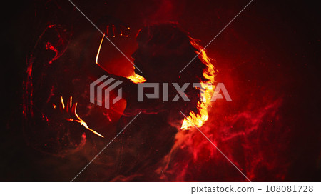 Ritual dance. Fire performance. Mysterious woman moving in red flame swirls bright yellow orange projector light on dark background copy space. 108081728