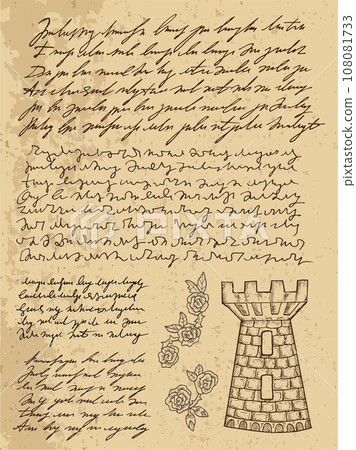 Design set with old hand written unreadable text, black and white line art with letters and tower. No foreing language, all words are fantasy symbols.  108081733