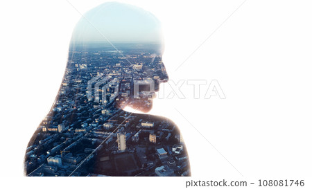 City loneliness. Megalopolis life. Double exposure of woman face profile silhouette with town houses buildings view isolated on white background empty space. 108081746