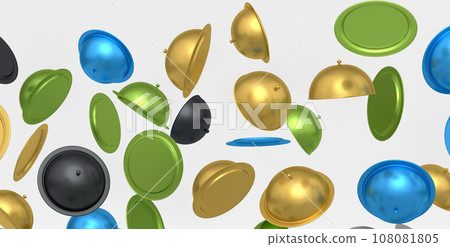 Many of flying trays with cloche ready to serve isolated on white background 108081805