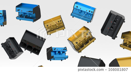 Many of flying professional espresso coffee machine with horn on white 108081807