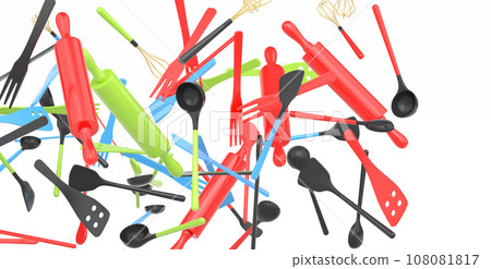 Many of flying kitchen utensils, tools and equipment on white background. 108081817
