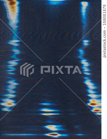 Glitch overlay. Color noise texture. Old TV artifacts. Blue orange white light flare distortion on dark black illustration abstract background with free space. Glitch overlay. Color noise texture. Old TV artifacts. Blue orange white light flare distortion on dark black illustration abstract background with free space. 108081878