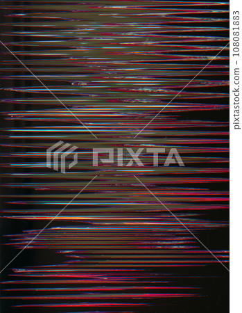 VHS tape glitch. Analog noise texture. 8bit frequency. Pink blue purple color lines artifacts on dark black illustration abstract background. 108081883