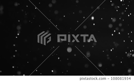 Snowfall particles. Defocused snowflakes. Abstract illustration of mysterious winter sky glowing ice crystals falling on dark background. 108081934
