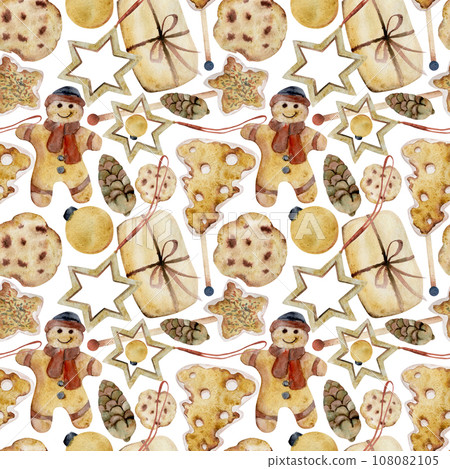 Hand drawn watercolor illustration. Homemade shortbread cookies, gingerbread, craft gift, pinecone, Christmas ornament. Seamless pattern isolated on white background. Bakery shop, logo, paper, card 108082105