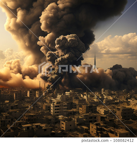 Bombed buildings in War. War fire and destruction. Generative Ai. 108082412