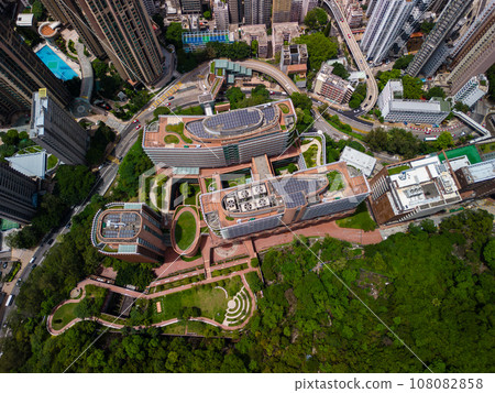 Aerial view of Hong Kong university with its rooftop garden and solar panel system 108082858