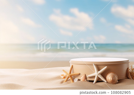 Empty Round Beige Platform Podium with Sea Shells and Starfish on White Beach Sand Background 108082905