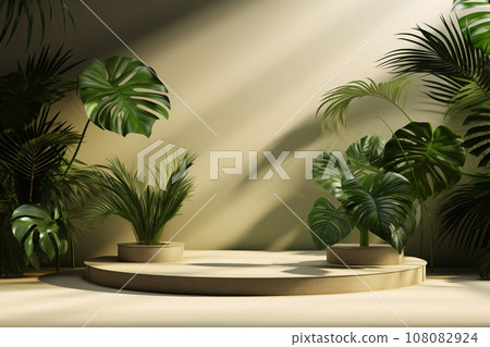 Podium Product Display Presentation with Sandstone and Plants 108082924
