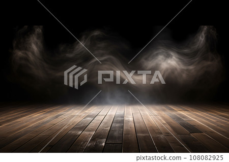 Empty Wooden Floor with Smoke Floating Up on Dark Background Empty Wooden Floor with Smoke Floating Up on Dark Background 108082925