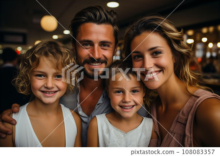 Portrait of family of parents and children girls in cafe Portrait of family of parents and children girls in cafe 108083357