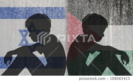 Israel Vs Palestine. Silhouette of sad children sitting with their backs turned Israel Vs Palestine. Silhouette of sad children sitting with their backs turned 108083423