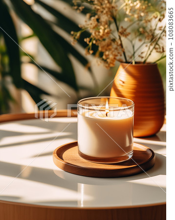 Burning candle in glass jar, vivid studio background with decor and shadows, candle mockup Burning candle in glass jar, vivid studio background with decor and shadows, candle mockup 108083665