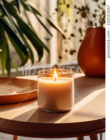 Burning candle in glass jar, vivid studio background with decor and shadows, candle mockup Burning candle in glass jar, vivid studio background with decor and shadows, candle mockup 108083667