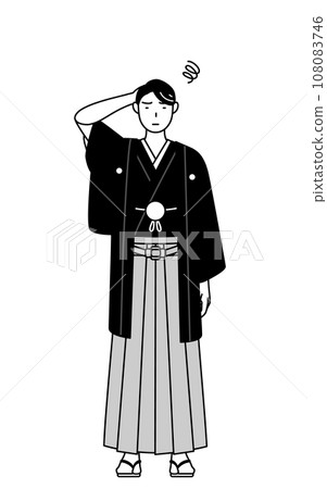 A man wearing a hakama with a crest scratching his head in trouble 108083746