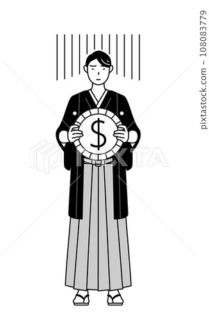 Image of foreign exchange losses and weak dollar, man wearing crested hakama 108083779