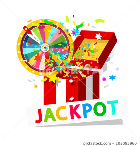 Jackpot open box with wheel of fortune and confetti vector cartoon Jackpot open box with wheel of fortune and confetti vector cartoon 108083960