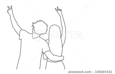 Back view of two friends raising their hands up. Back view of two friends raising their hands up. 108084102