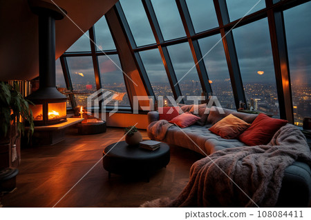 cozy modern penthouse with large window and fireplace, view at night city, AI-generated content 108084411