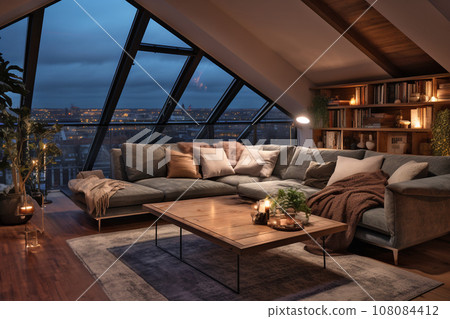 cozy modern penthouse with large window and sofa, view at night city, AI-generated content 108084412