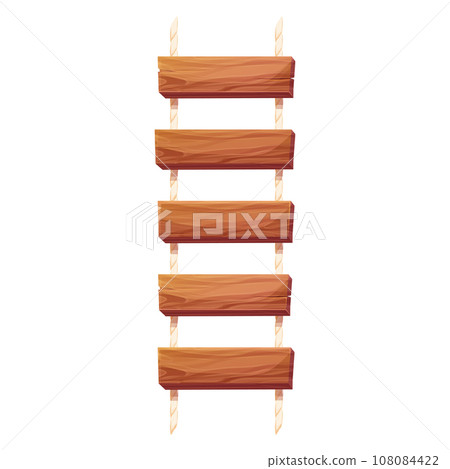 Wooden ladder with rope, planks hanging, staircase in cartoon style isolated on white background, Bridge, game road. Wooden ladder with rope, planks hanging, staircase in cartoon style isolated on white background, Bridge, game road. 108084422