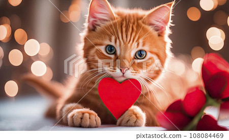 Cute red kitten with valentines on a bokeh background, romantic atmosphere. Holiday Valentine's Day 108084469