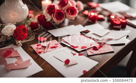Love letters and valentines on the desk, romantic atmosphere. Valentine's Day greeting card Love letters and valentines on the desk, romantic atmosphere. Valentine's Day greeting card 108084473
