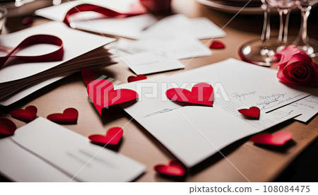 Love letters and valentines on the desk, romantic atmosphere. Valentine's Day greeting card Love letters and valentines on the desk, romantic atmosphere. Valentine's Day greeting card 108084475