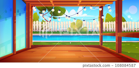 House porch and swimming pool in backyard 108084587