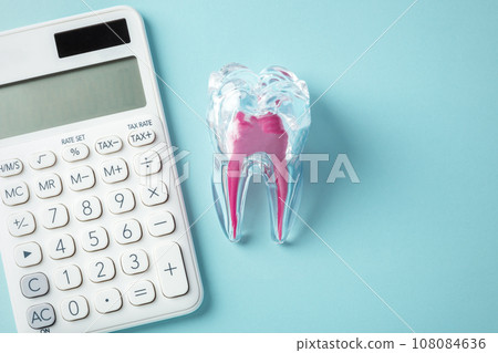 Tooth with white calculator on blue background, dental care cost concept, top view 108084636