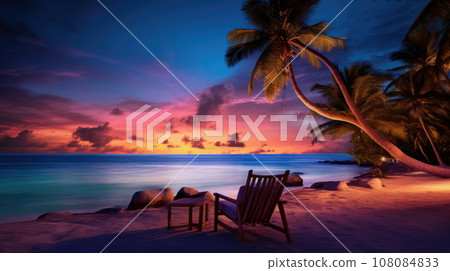 Sunset at the beach with palm trees, parasols and sunbeds. Sunset at the beach with palm trees, parasols and sunbeds. 108084833