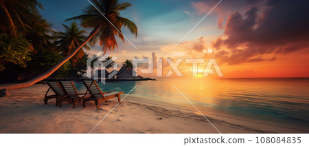 Sunset at the beach with palm trees, parasols and sunbeds. Sunset at the beach with palm trees, parasols and sunbeds. 108084835