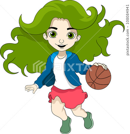a green hair girl dribbling basketball 108084941